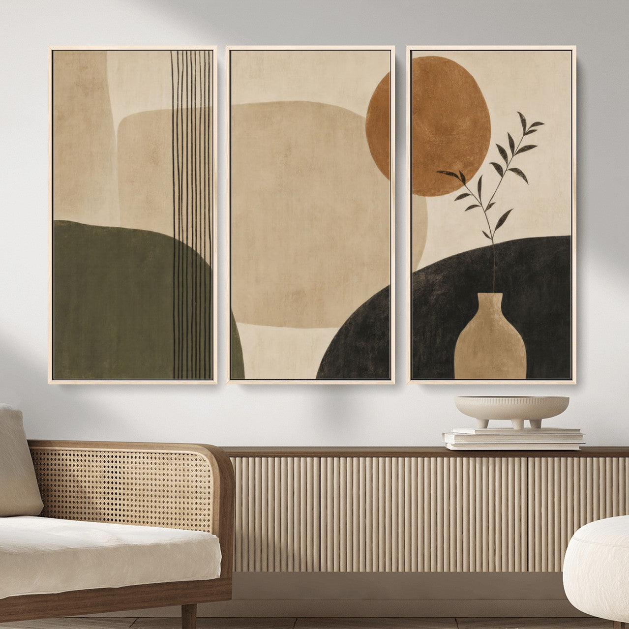 29113684-MGV-CV-36X24 - Japandi Minimalist Abstract Wall Art Canvas Print, Sage Green and Terracotta Sun Botanical Painting Print