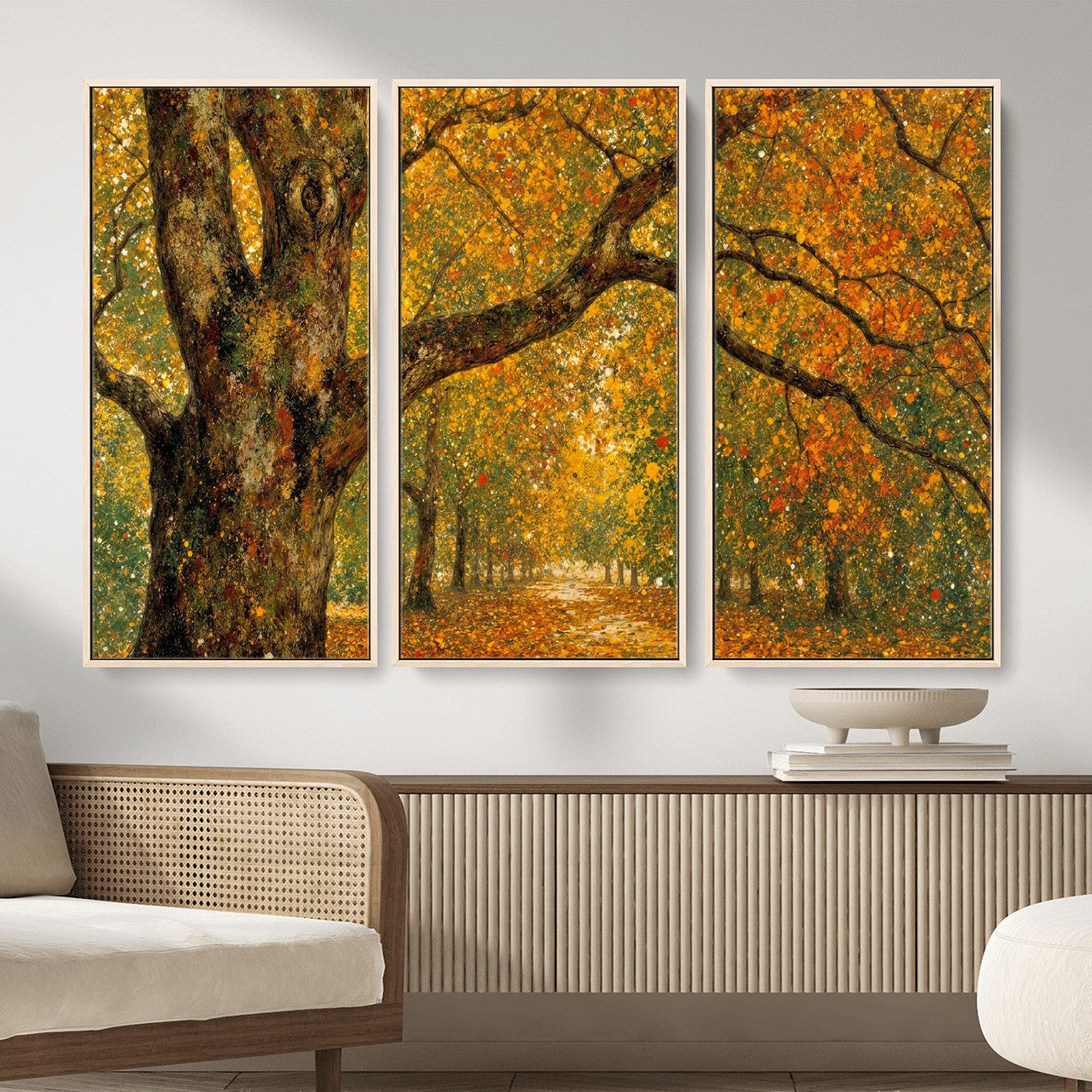 11536138-MGV-CV-36X24 - Vintage Autumn Forest Path Wall Art Canvas Print, Golden Leaves Impressionist Painting Print