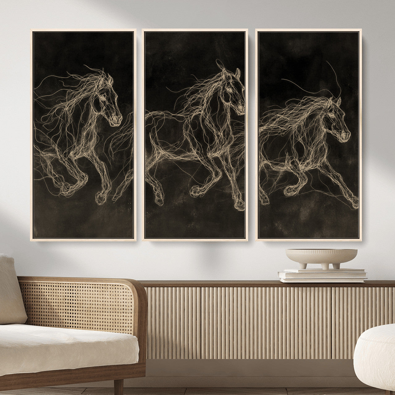 15344242-MGV-CV-36X24 - Dark Horse Line Art Canvas, Gold Scribble Wild Horses Print, Black Chalkboard Wall Art, Modern Luxury Equine Decor, Masculine Office Gift