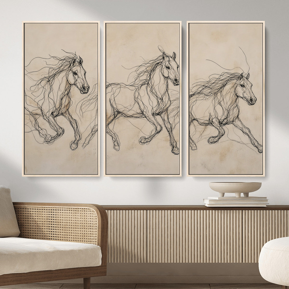 81051673-MGV-CV-36X24 - Abstract Horse Line Art Canvas, Gesture Sketch Wild Horses Print, Modern Scribble Artwork, Minimalist Equine Wall Decor, Rustic Studio Gift