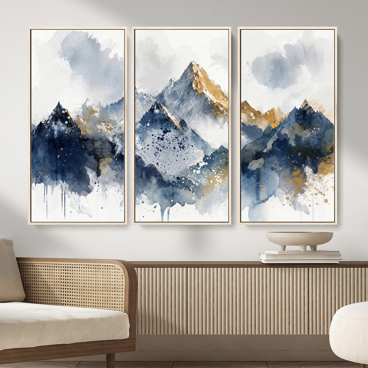 87460616-MGV-CV-36X24 - Abstract Mountain Canvas Wall Art, Blue Gold Foil Landscape Print, Modern Indigo Watercolor Poster, Large Abstract Nature, Luxury Office Gift