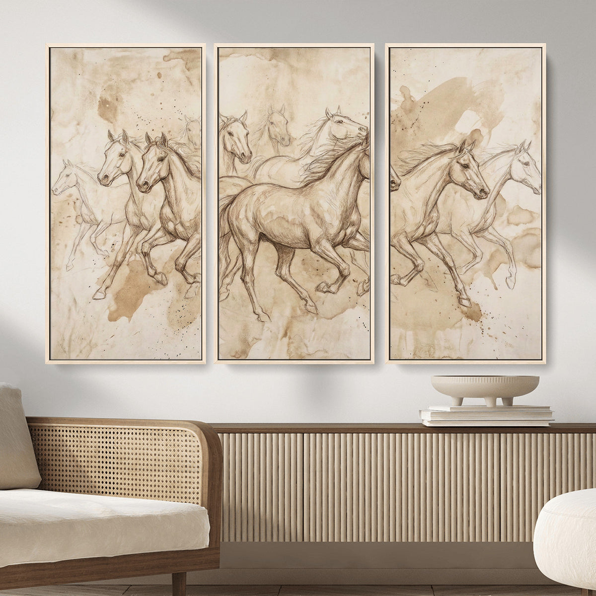 52233469-MGV-CV-36X24 - Vintage Horse Sketch Canvas Wall Art, Wild Horses Pencil Drawing Print, Antique Parchment Western Decor, Equine Sketching, Country Manor Gift
