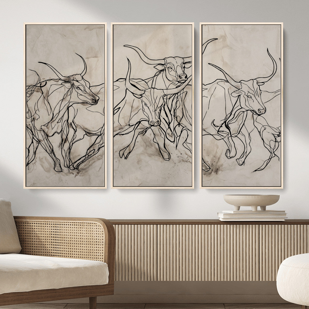 16671245-MGV-CV-36X24 - Minimalist Longhorn Line Art, Modern Texas Bull Canvas Print, Abstract Western Wall Decor, Continuous Line Artwork, Black White Ranch Gift