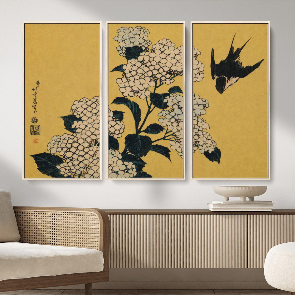 92483501-MGV-CV-36X24 - Katsushika Hokusai Hydrangea and Swallow Wall Art Canvas Print, Japanese Woodblock Painting Print