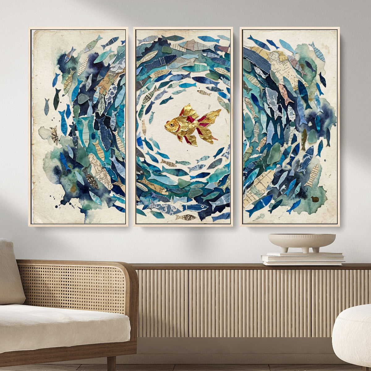 73165663-MGV-CV-36X24 - Mixed Media Blue Fish Swirl Canvas Wall Art, Goldfish Collage Ocean Print