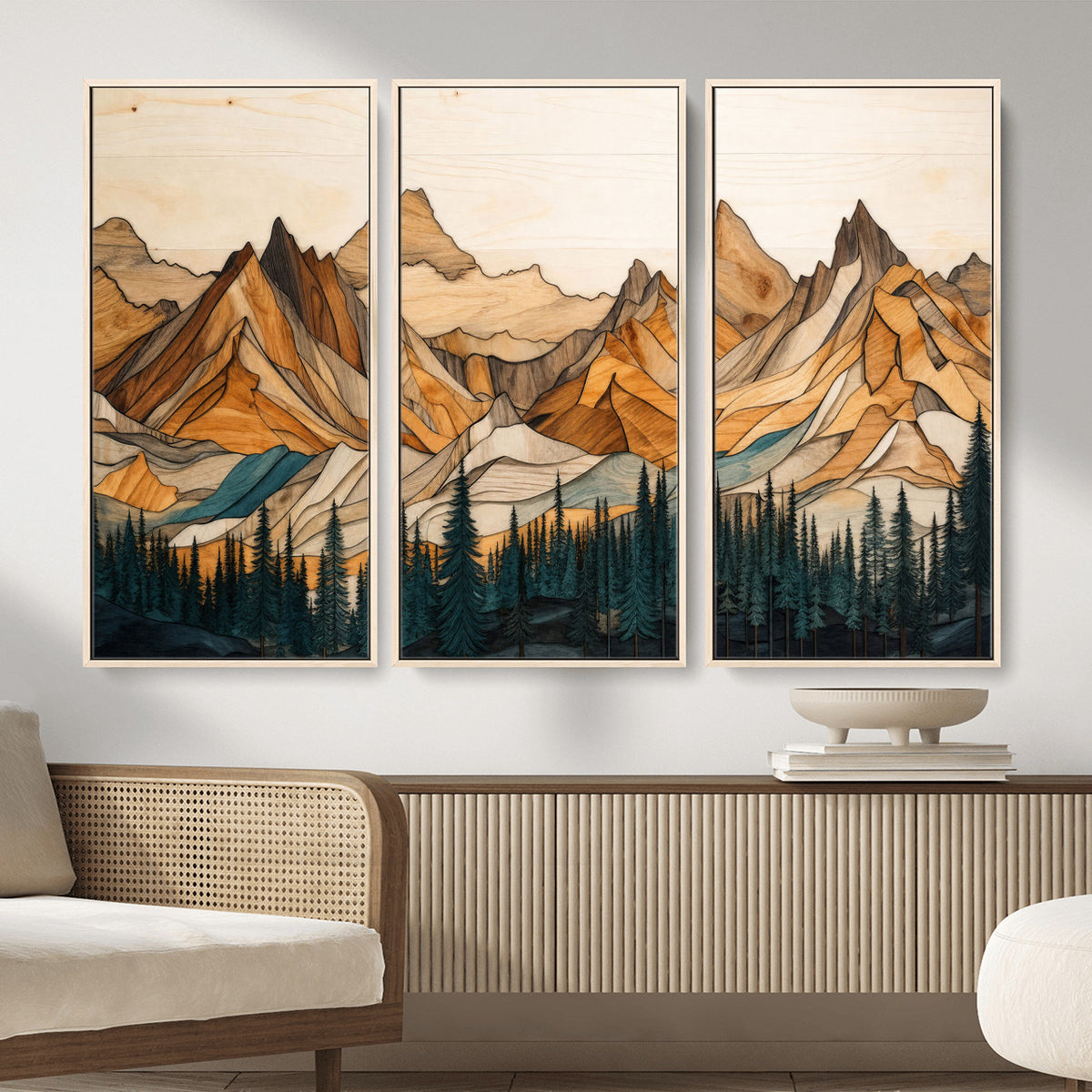 57384313-MGV-CV-48X32-3P - Mountain Landscape Canvas Wall Art with Wood Grain Effect, Golden Peaks and Teal Pine Forest, Framed Cabin Decor