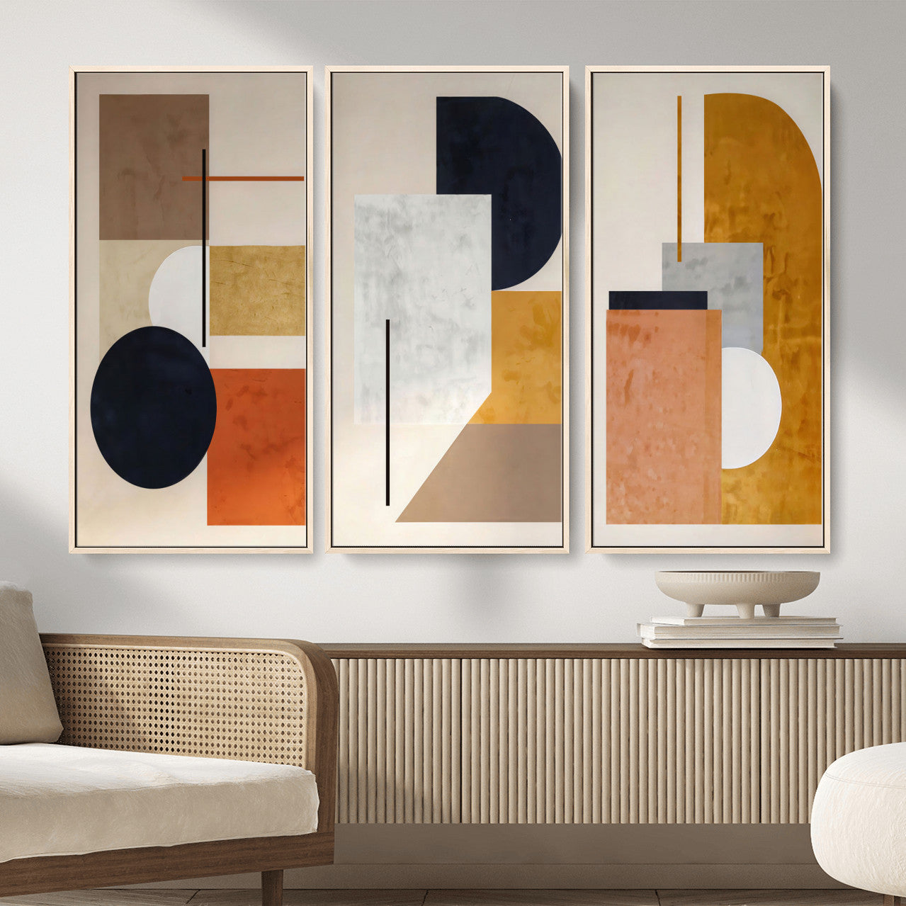 87361249-MGV-CV-48X32-3P - Mid Century Modern Geometric Canvas Wall Art, Abstract Triptych Print