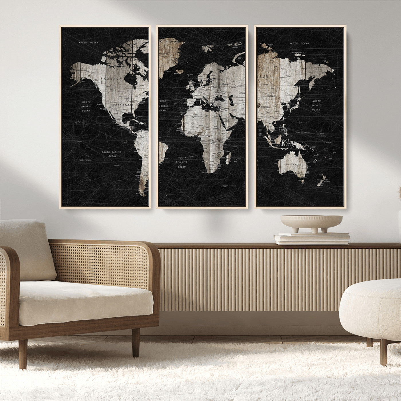 89998-MGV-CV-36X24-Rustic Black and Wood World Map Canvas Wall Art – Framed Push Pin Travel Map for Home and Office Decor, Modern Vintage Wall Artwork