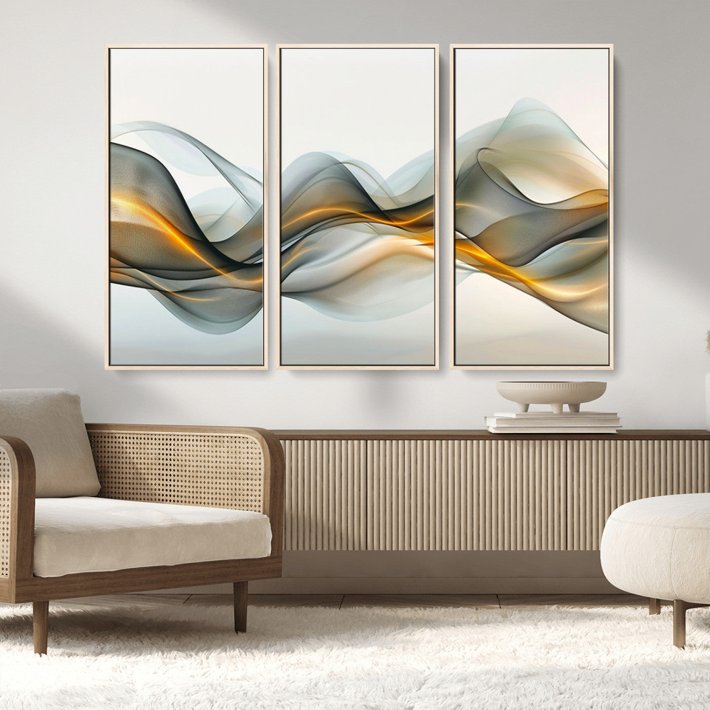 ES1001-MGV-FC-48X32-3P_Natural-Abstract Wave Canvas Wall Art – Fluid Contemporary Elegance in Motion – Ready to Hang