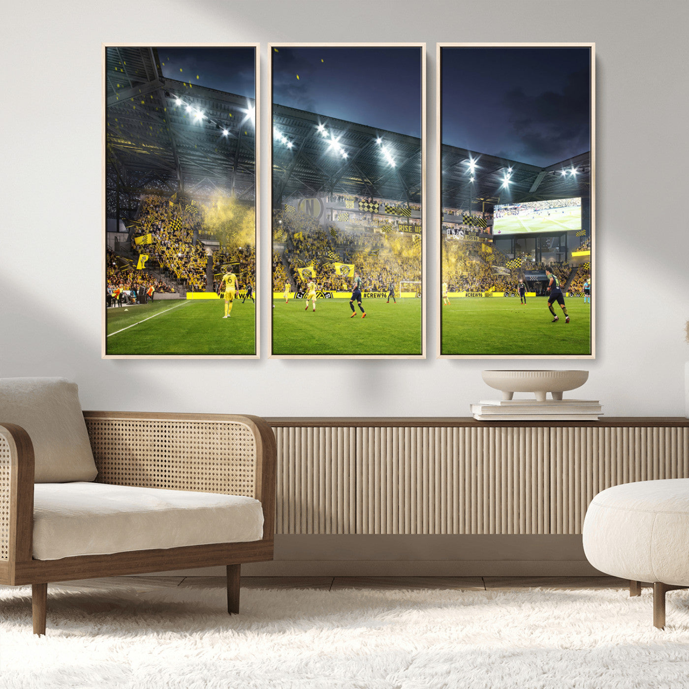 65820-MGV-FC-48X32-3P_Natural-Columbus Crew Stadium Match Triple Canvas Wall Art - Dynamic MLS Game Scene Canvas Wall Art