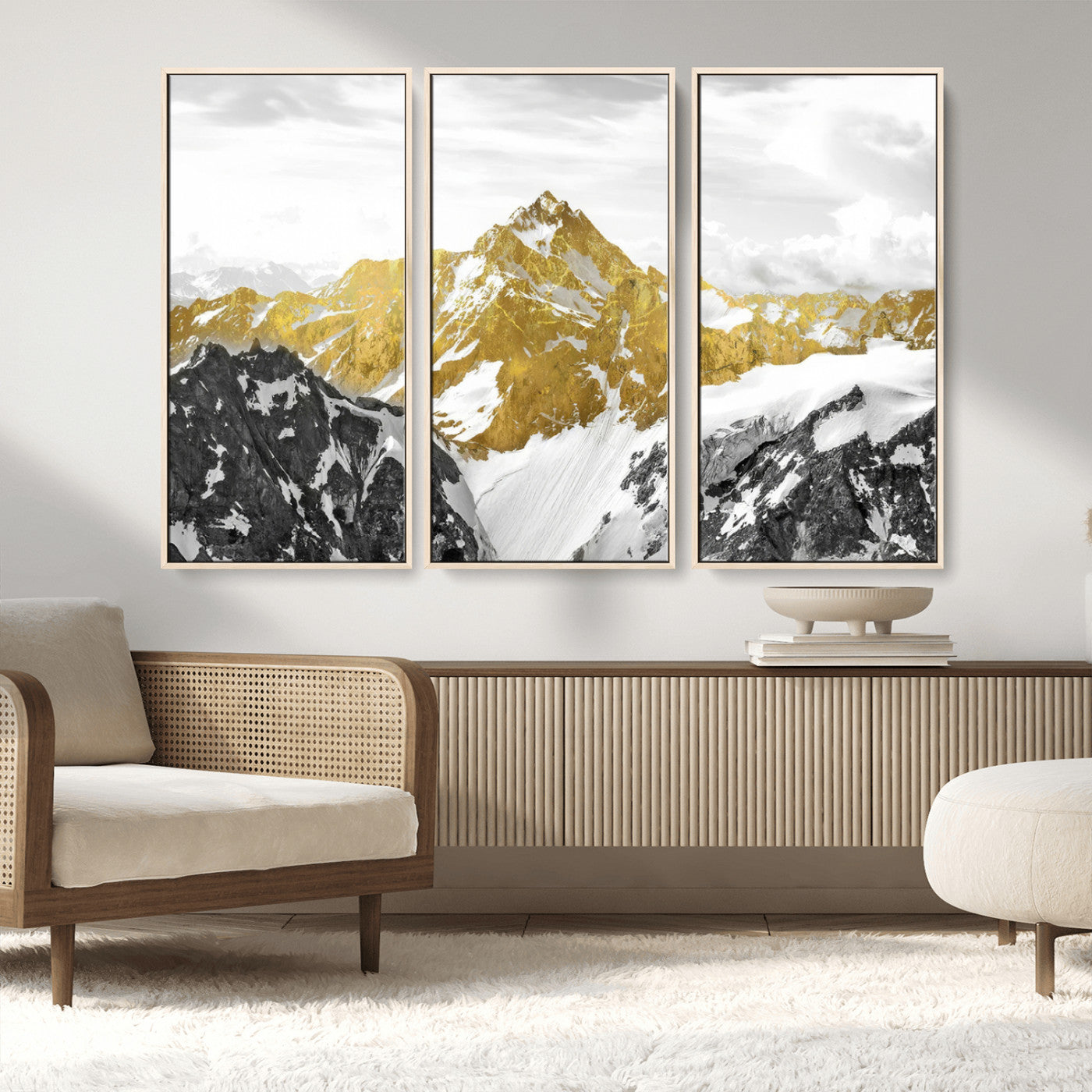32102-MGV-FC-48X32-3P_Natural-Gold Abstract Mountains Wall Art Print on Canvas, Nature Wall Art Print,
