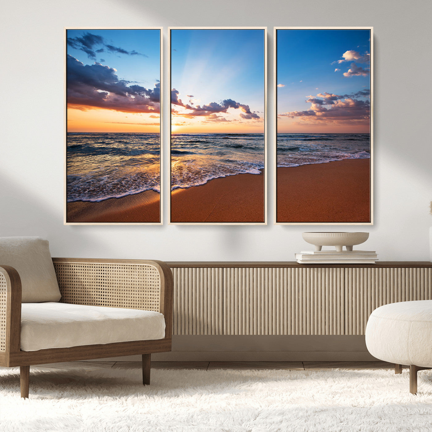 68915-MGV-FC-48X32-3P_Natural-Golden Hour Beach Sunset Wall Art | Canvas Print | Ready to Hang | Coastal Wall Art for Living Room