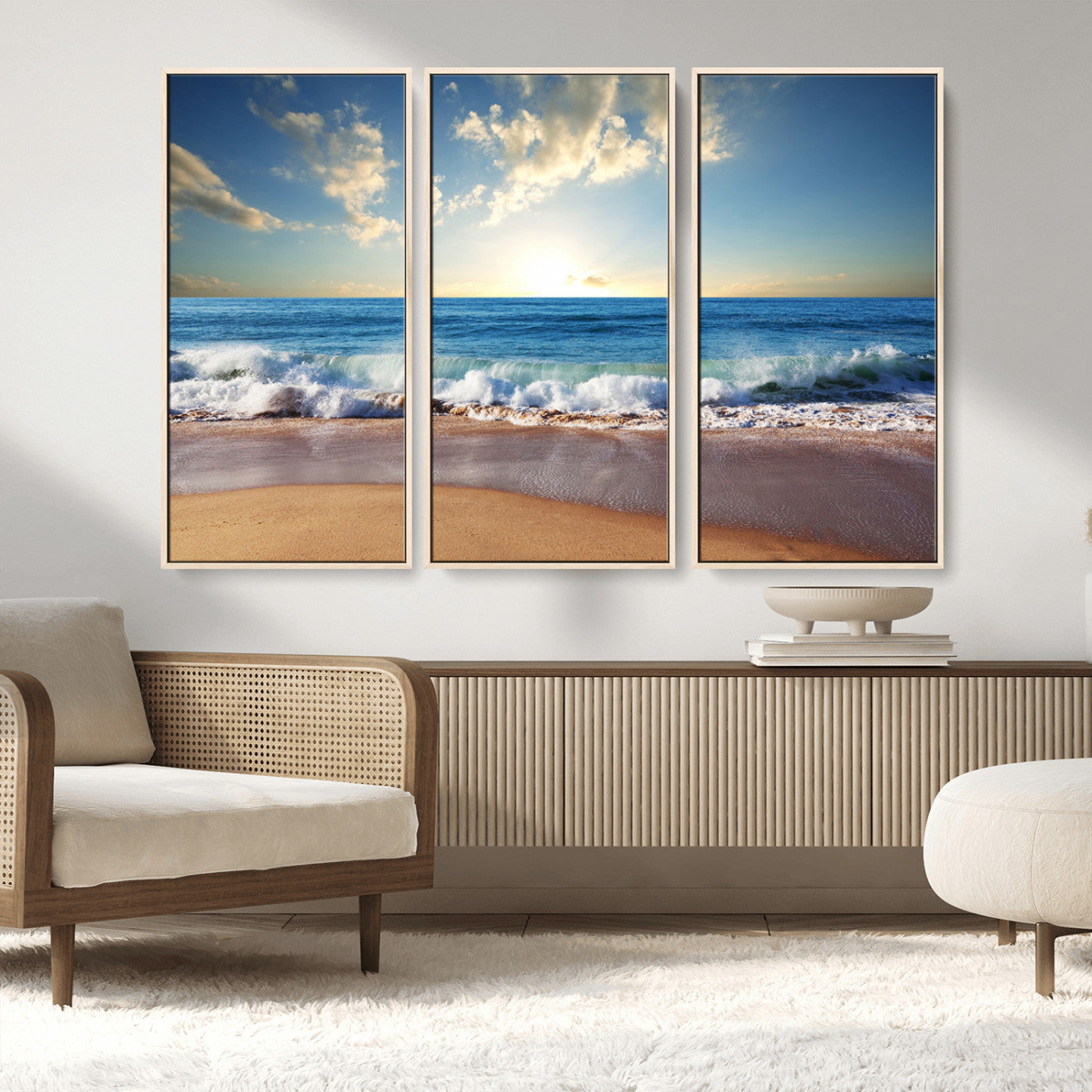 36512-MGV-FC-48X32-3P_Natural-Serene Ocean Sunset Canvas Wall Art - Beach Waves at Sunset, Ready to Hang