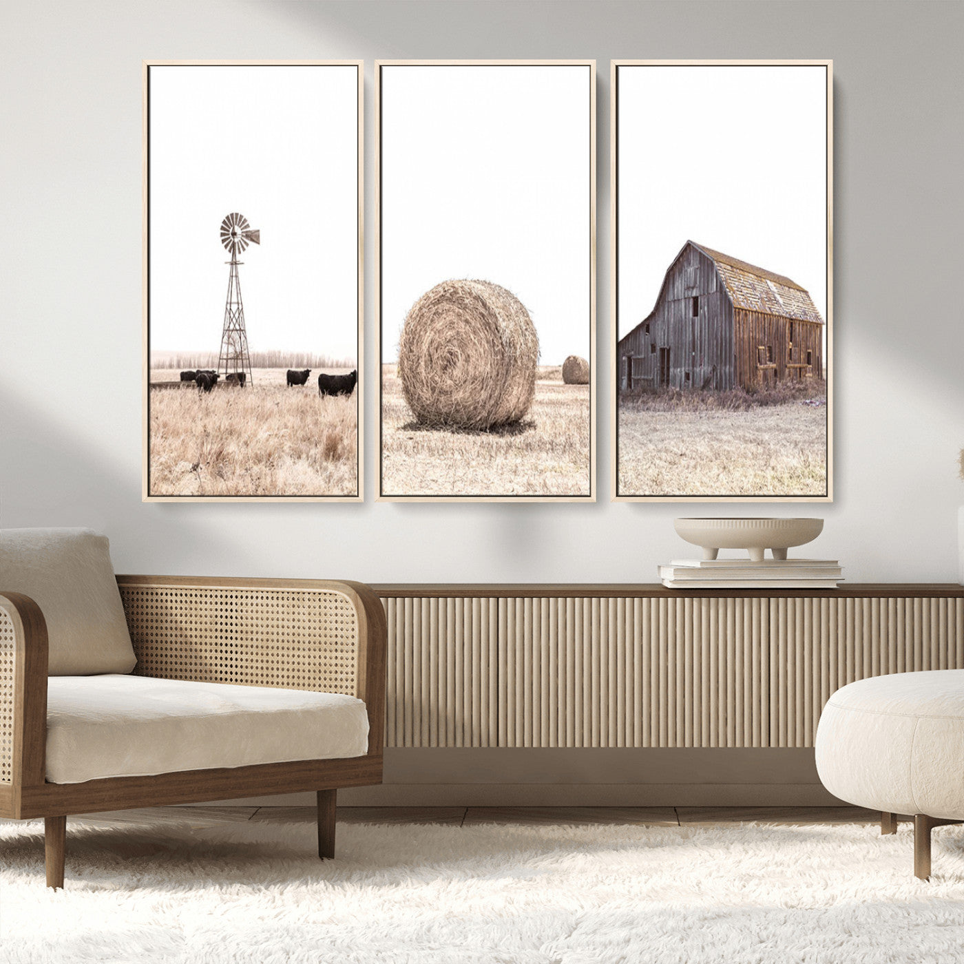 30918-MGV-FC-48X32-3P_Natural-Rustic Farmhouse Wall Art Set of 3 – Country Barn and Wheat Field | Farm Prints for Country Home and
