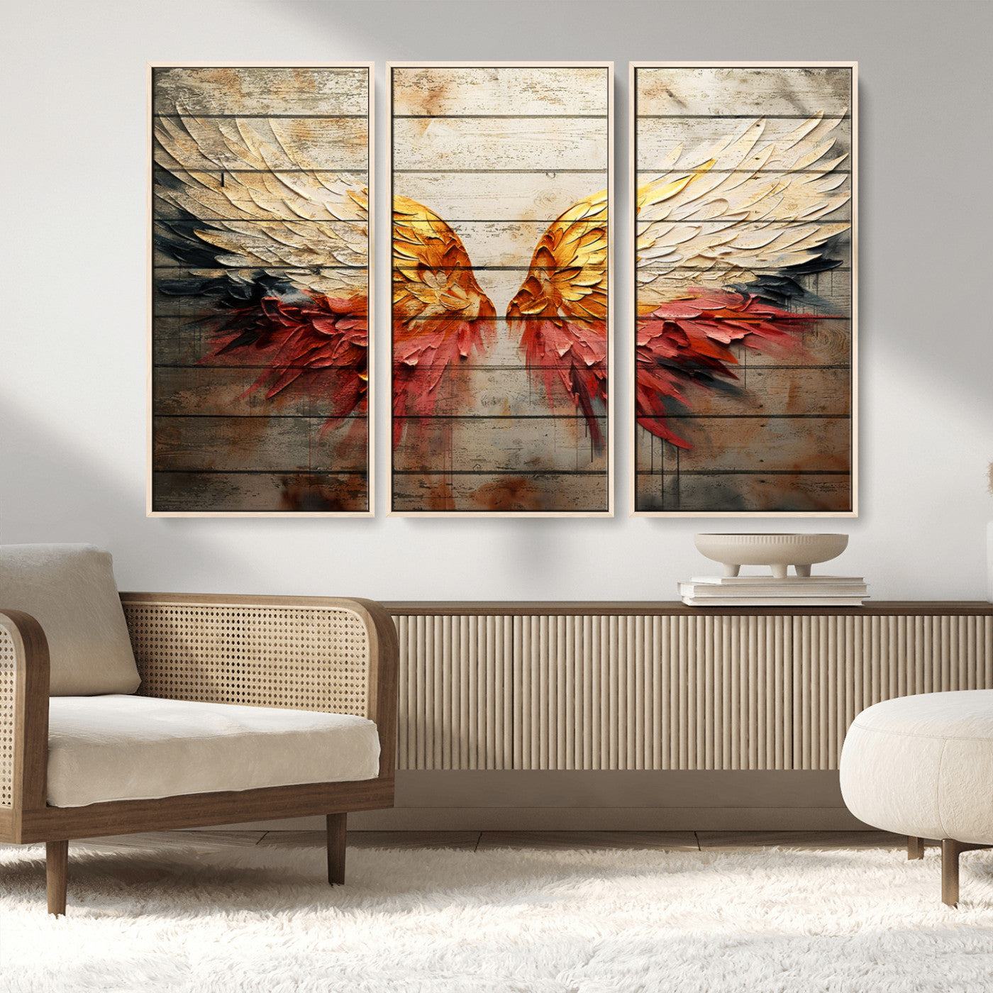 19244-MGV-FC-48X32-3P_Natural-Abstract Angel Wings Canvas Wall Art – Framed and Ready to Hang Modern Angelic Wings Decor for