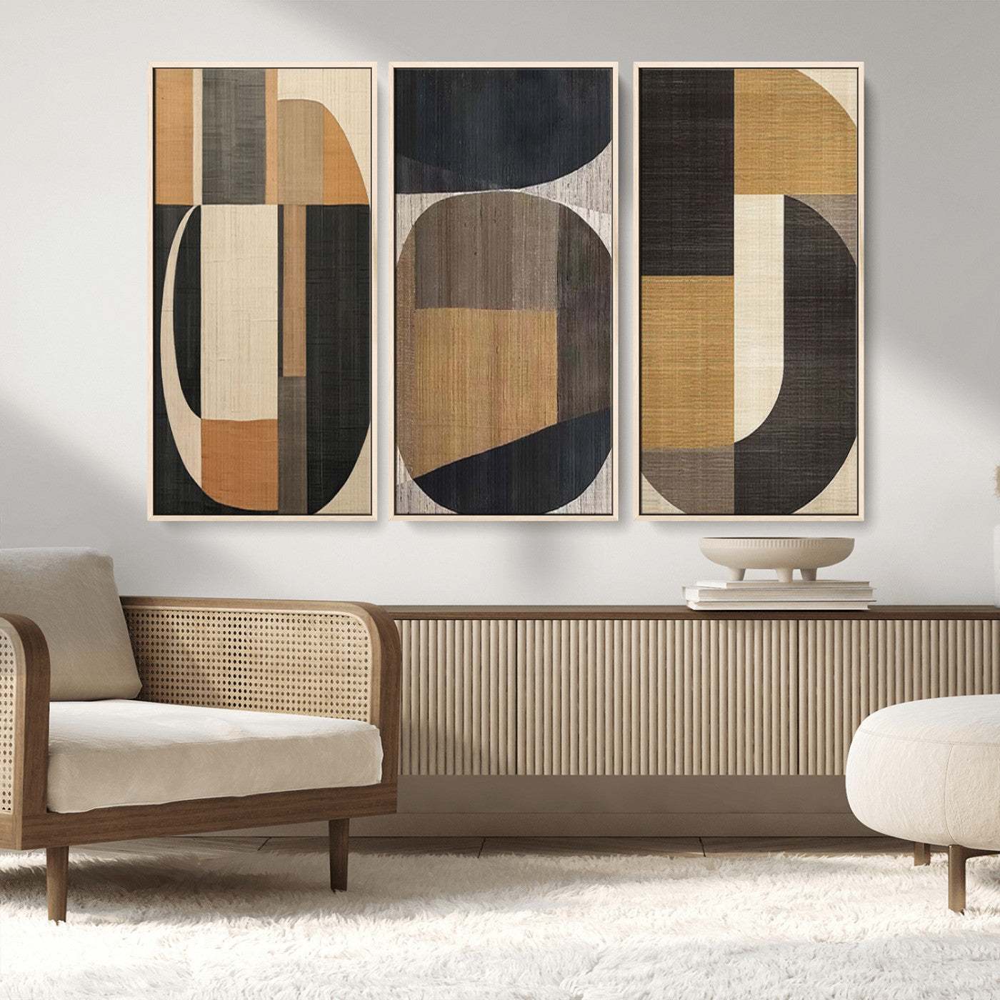 84035-MGV-FC-48X32-3P_Natural-Modern Brown Wabi Sabi Wall Art Canvas Print Set – Framed Minimalist Abstract Artwork for Home, Office Decor