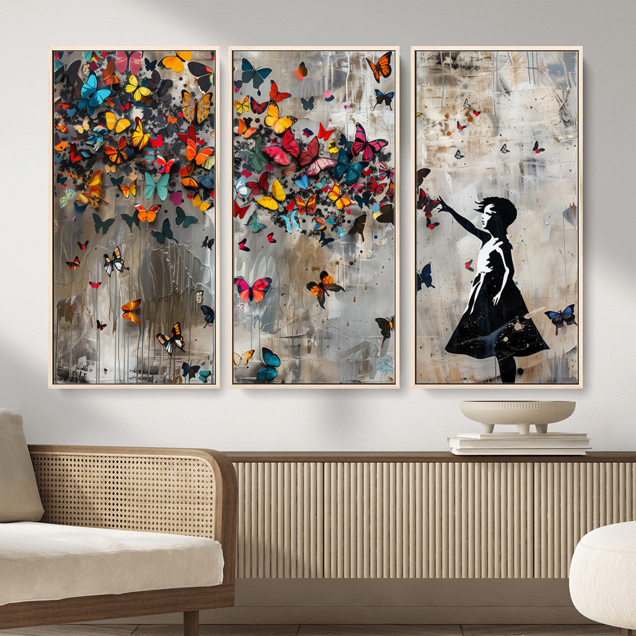 40269-MGV-CV-36X24 - Banksy Wall Art - Banksy Girl and Butterfly Explosion Wall Art Canvas Print | Girl with Butterflies