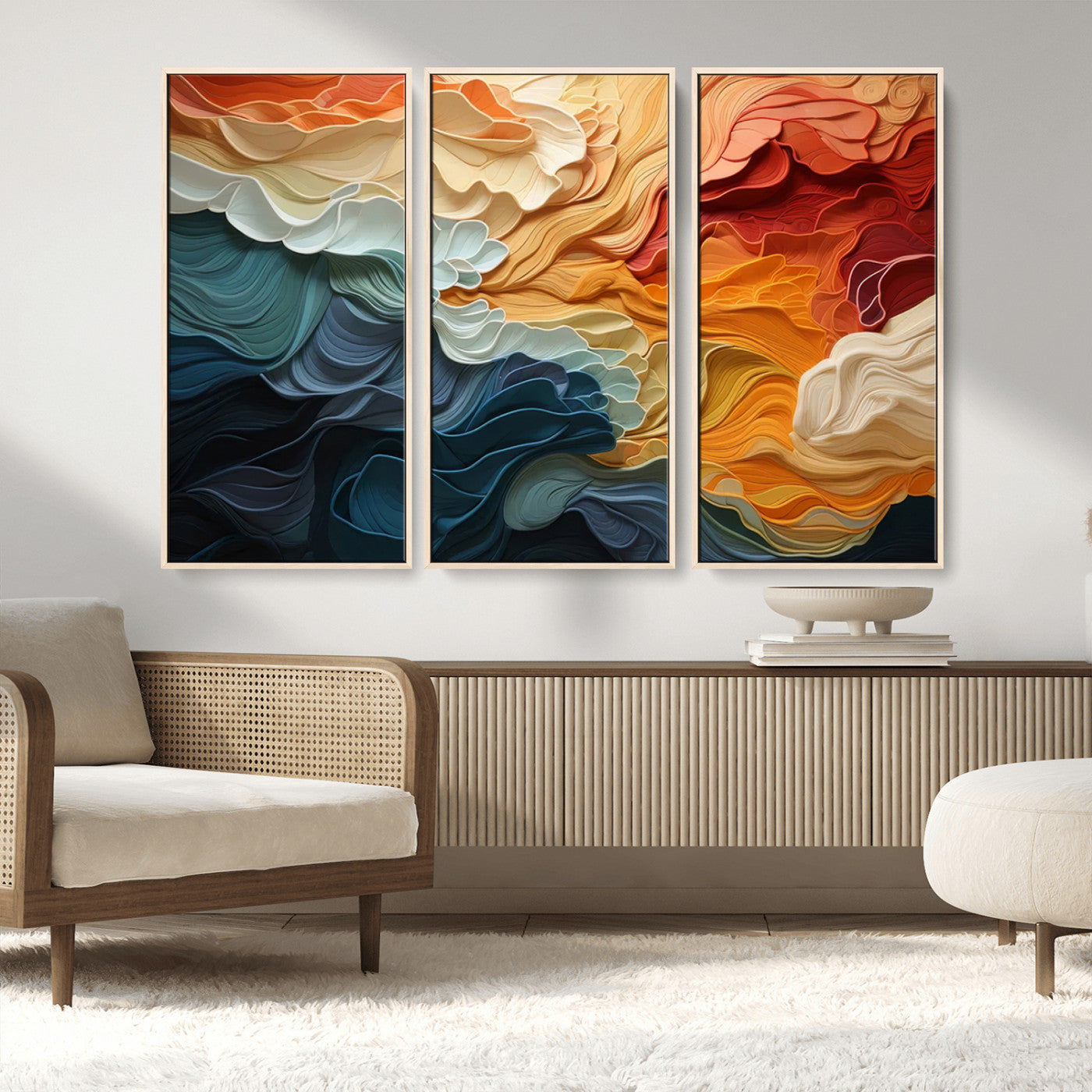 31634-MGV-FC-48X32-3P_Natural-Blue Orange Abstract Wave Wall Art Canvas Print, Framed Blue Orange Wave Wall Art