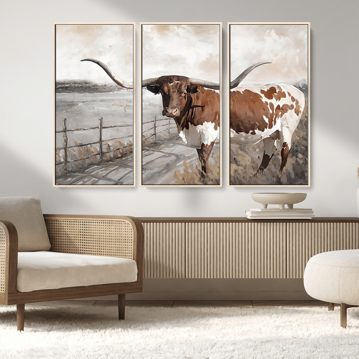57340-MGV-FC-48X32-3P_Natural-Vintage Texas Cow Wall Art Canvas Print, Rustic Longhorn Wall Art | Canvas Print for Farmhouse Decor