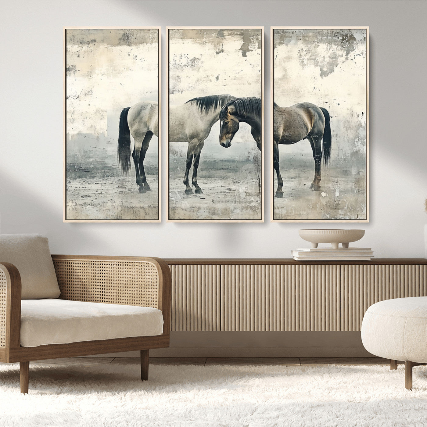 33288-MGV-FC-48X32-3P_Natural-Chines Style Majestic Horses Wall Art | Ready to Hang and Framed Triptych Print | Western Farmhouse