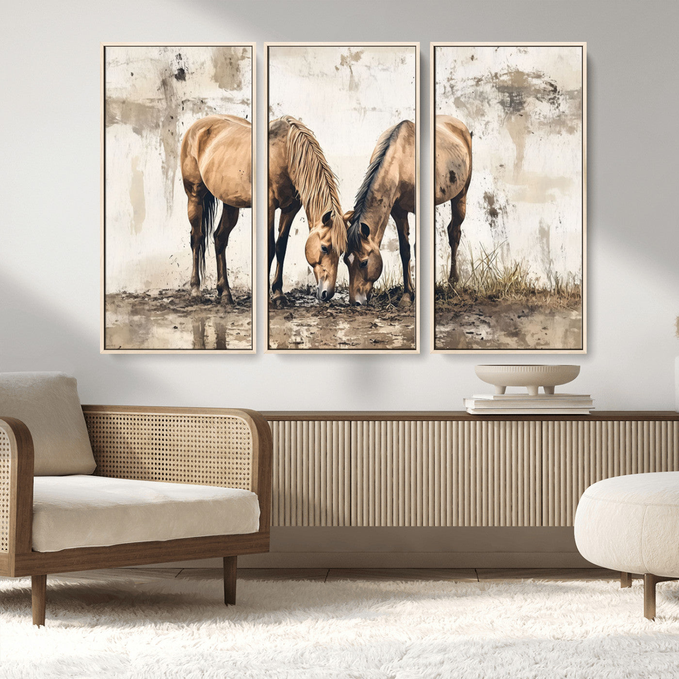-Vintage Horses Wall Art | Ready to Hang and Framed Triptych | Western Farmhouse Wall Decor for