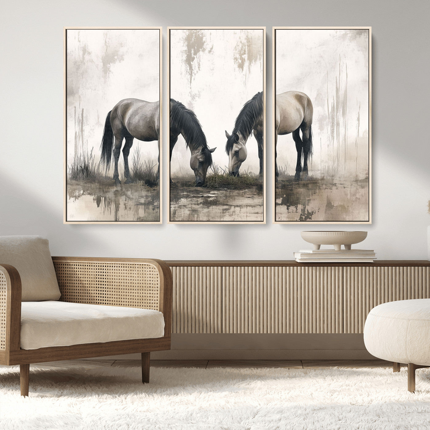 -Chines Ink Style Vintage Horses Wall Art Canvas Print for Farmhouse Wall Decor
