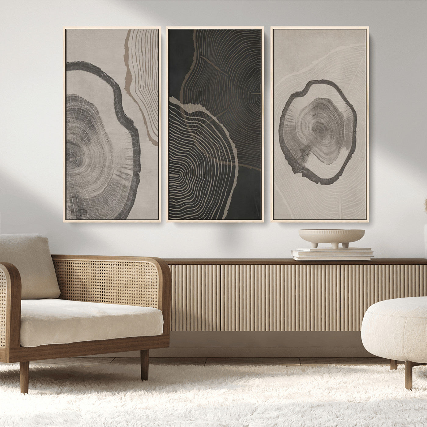 25407-MGV-FC-48X32-3P_Natural-Modern Abstract Tree Ring Canvas Art Set | 3 Panel Large Tree Ring Design for Living Room, Office,