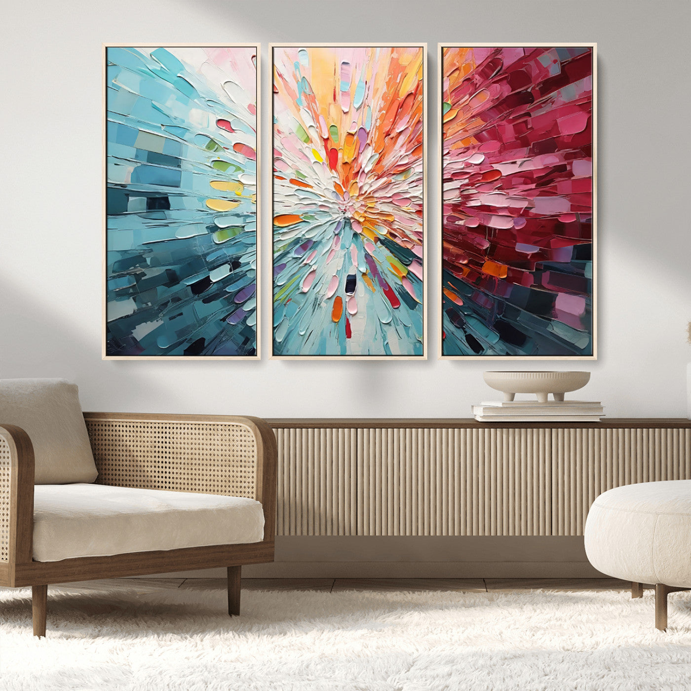 47065-MGV-FC-48X32-3P_Natural-Radiant Bloom Abstract Floral Wall Art Canvas Print - Colorful Burst - Modern Living Room Decor -