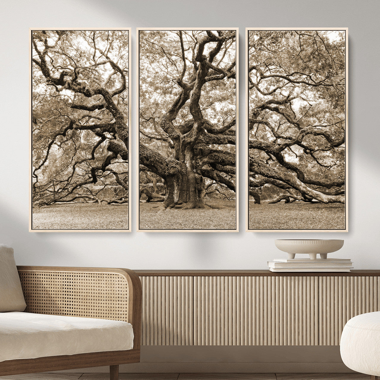 51126-MGV-CV-36X24 - Sepia Framed Angel Oak Tree Wall Art - 3-Panel Canvas Prints, Large Green Nature Artwork, Ready to