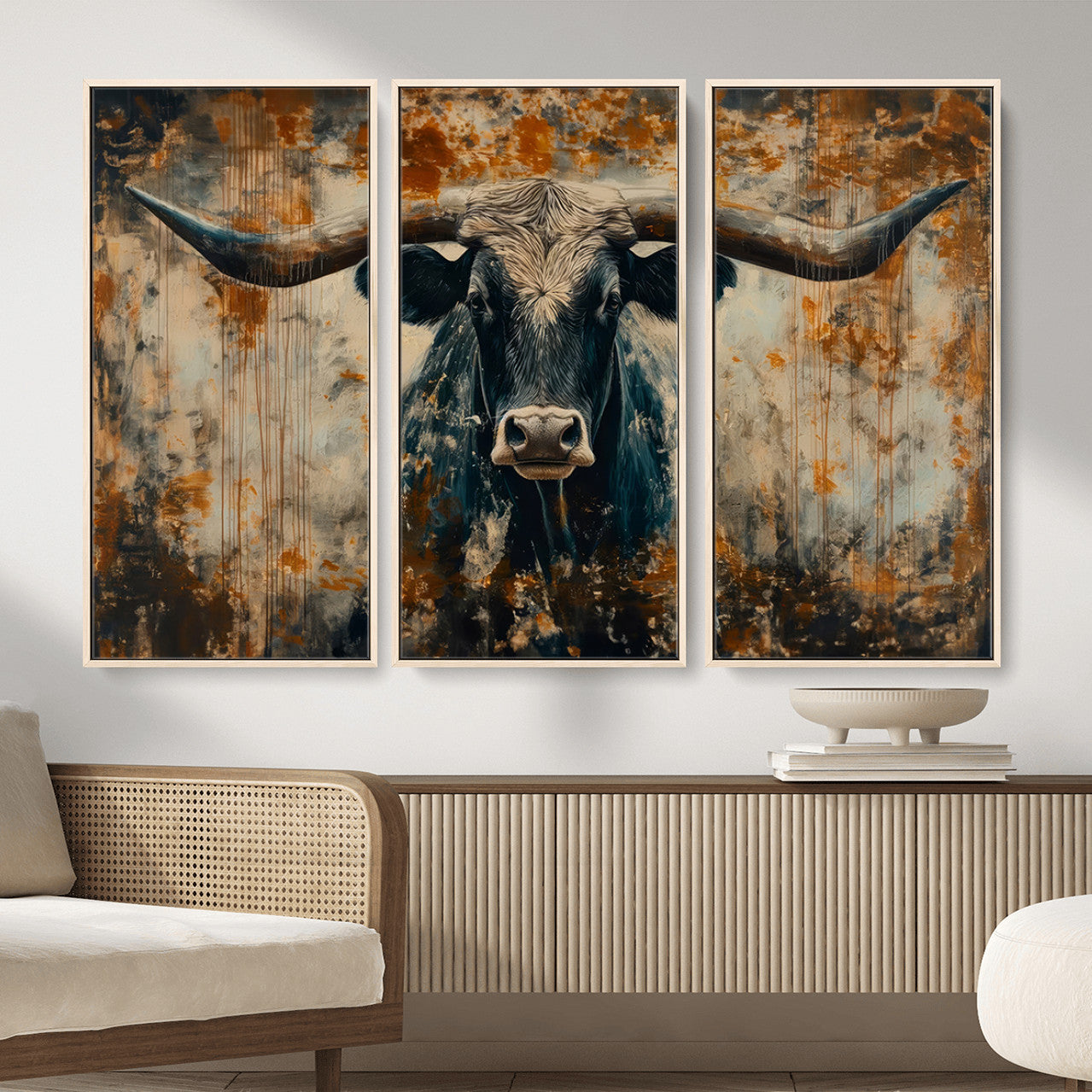 85913-MGV-CV-36X24 - Abstract Longhorn Bull Wall Art | Rustic Western Wall Decor | Framed and Ready to Hang | Ideal for