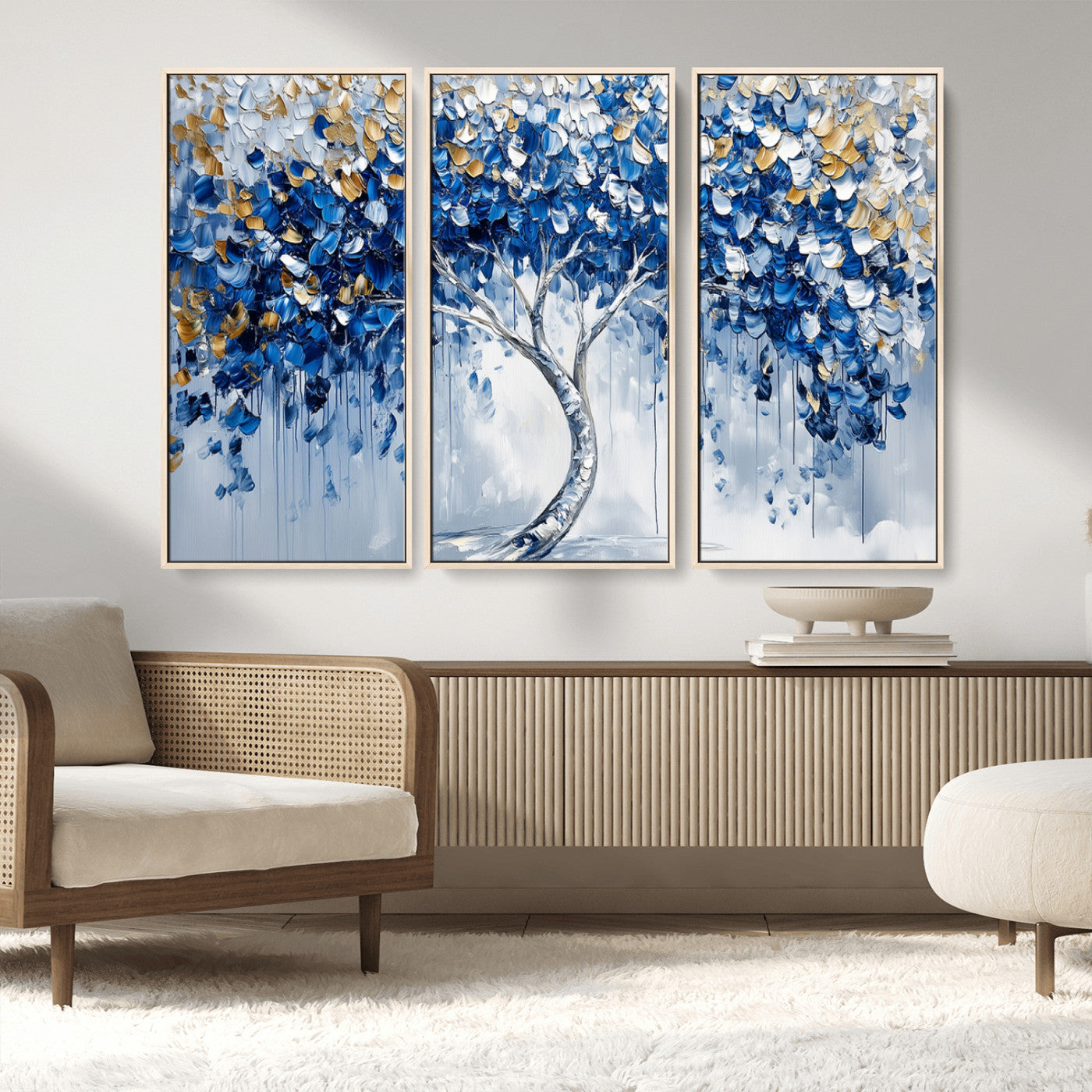 62350-MGV-FC-48X32-3P_Natural-Blue and Gold Abstract Tree Wall Art Canvas Print | Modern Tree of Life Painting | Framed Canvas