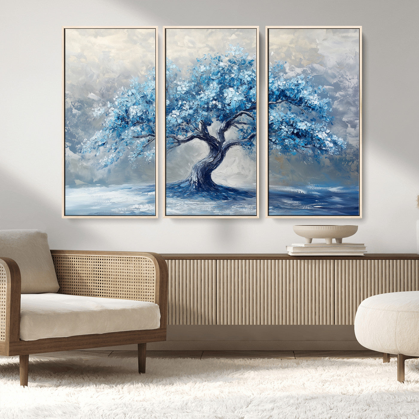 56105-MGV-FC-48X32-3P_Natural-Abstract Blue Tree Art Canvas Print, Majestic Tree Wall Art Print for Farmhouse Decor