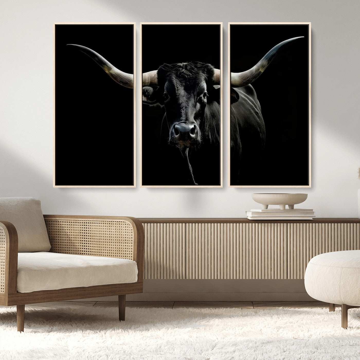 20679-MGV-FC-48X32-3P_Natural-Texas Black Longhorn Bull Wall Art Canvas Print - Western Texas Cattle Rustic Decor Print - Longhorn