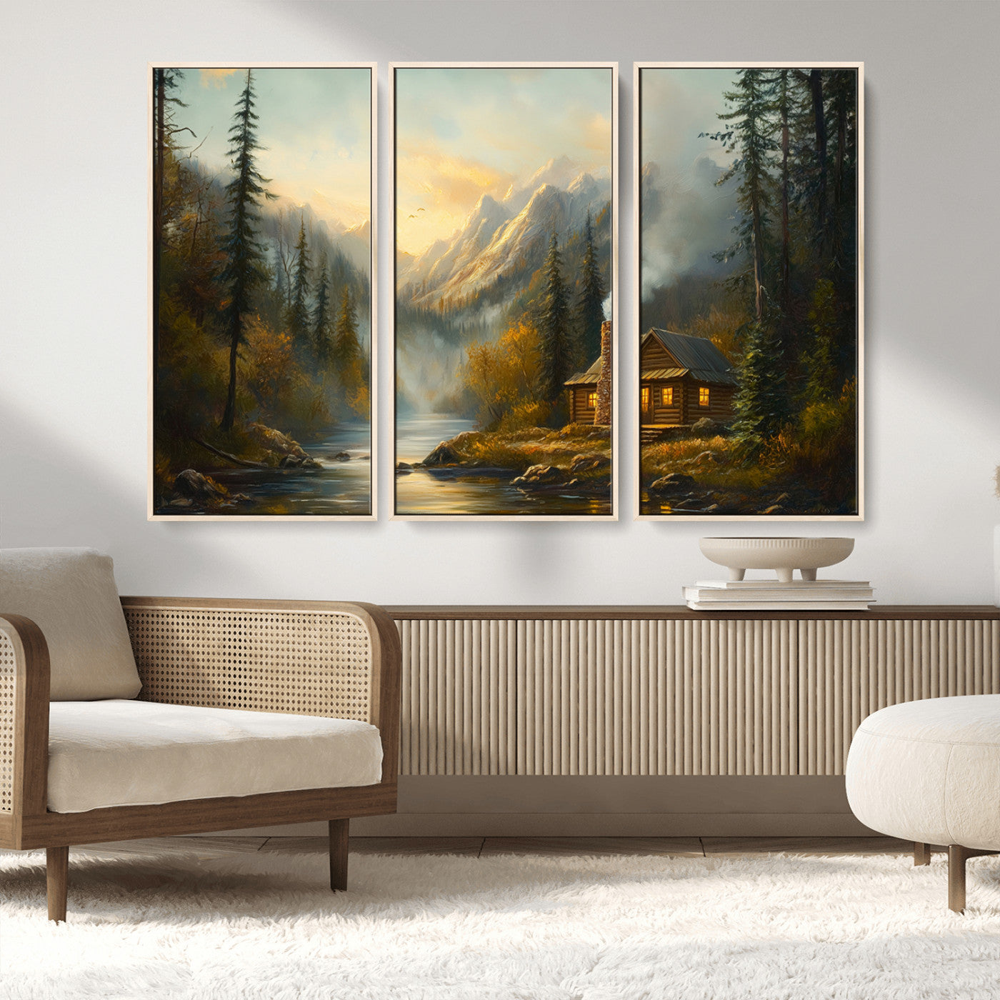 76464-MGV-FC-48X32-3P_Natural-Wood Cabin Retreat Mountain at Sunset Wall Art Print - Serene Forest and River Landscape Wall Art