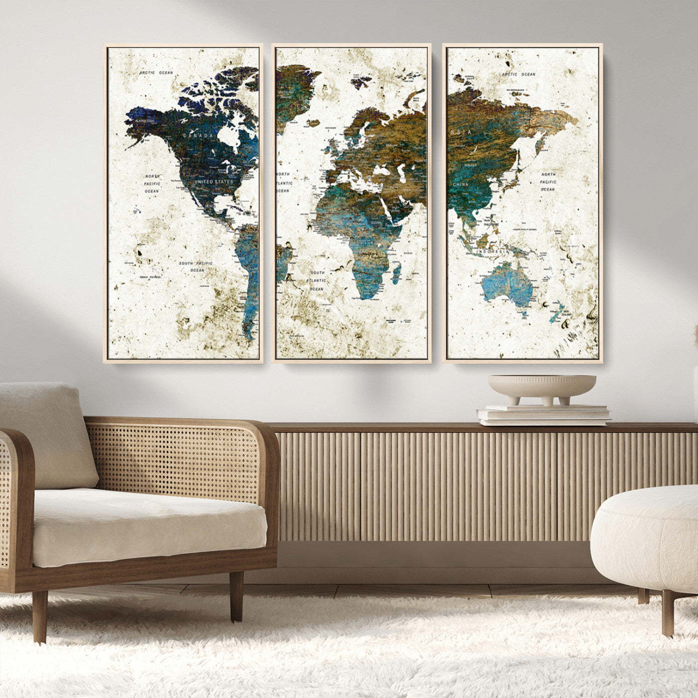 89176-MGV-FC-48X32-3P_Natural-Vintage Blue and Brown World Map Canvas Wall Art – Framed Rustic Map Print, Earth Tone Travel Decor for Stylish Home and Office Walls