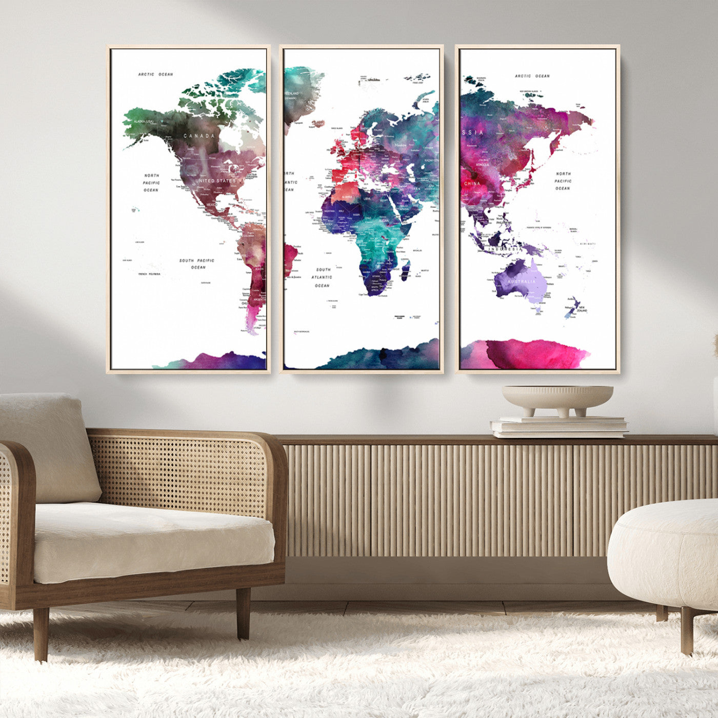78176-MGV-FC-48X32-3P_Natural-Colorful Watercolor World Map Canvas Wall Art – Framed Modern Map Print, Vibrant Travel Inspired Artwork for Home and Office Decor