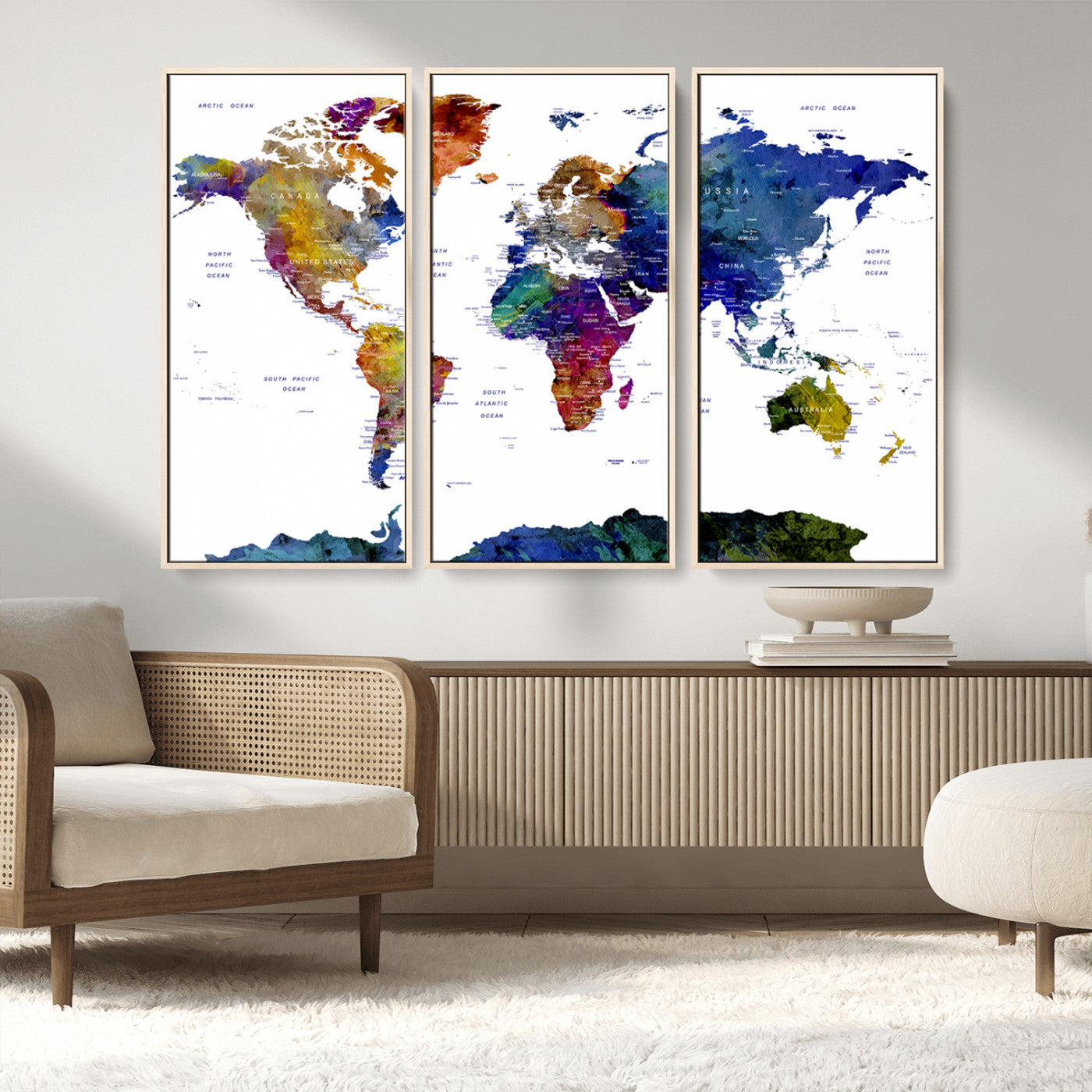 90446-MGV-FC-48X32-3P_Natural-Colorful Watercolor World Map Canvas Wall Art – Framed Modern Push Pin Travel Map for Home and Office Decor