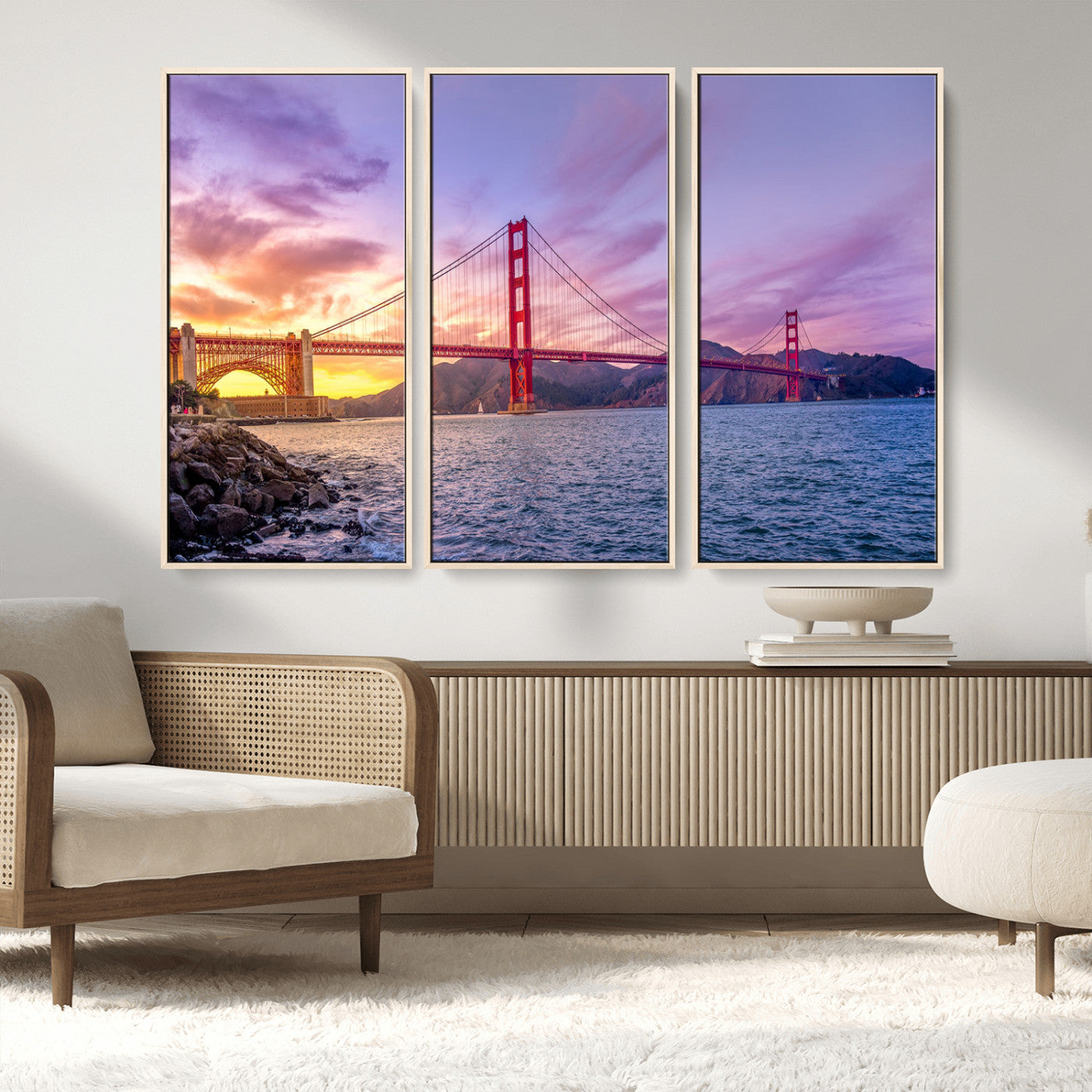 27106-MGV-FC-48X32-3P_Natural-Golden Gate Bridge Wall Art Canvas Print – Framed San Francisco Sunset Scene with Cityscape Artwork for Home, Office