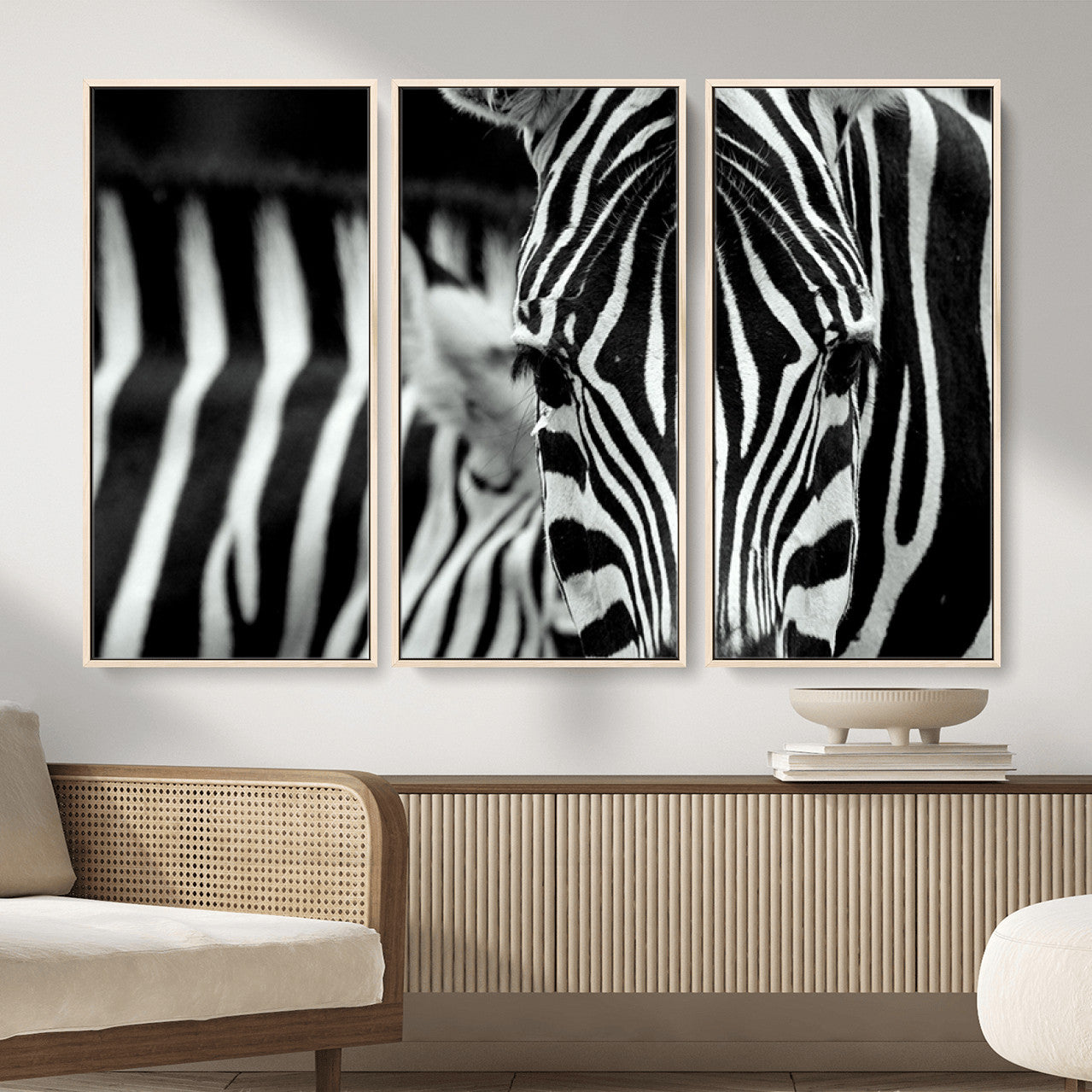 MGV-FC-48X32-3P - Zebra Wall Art – Close Up Black and White Animal Print, Bold Safari Decor for Living Room, Office, or Bedroom