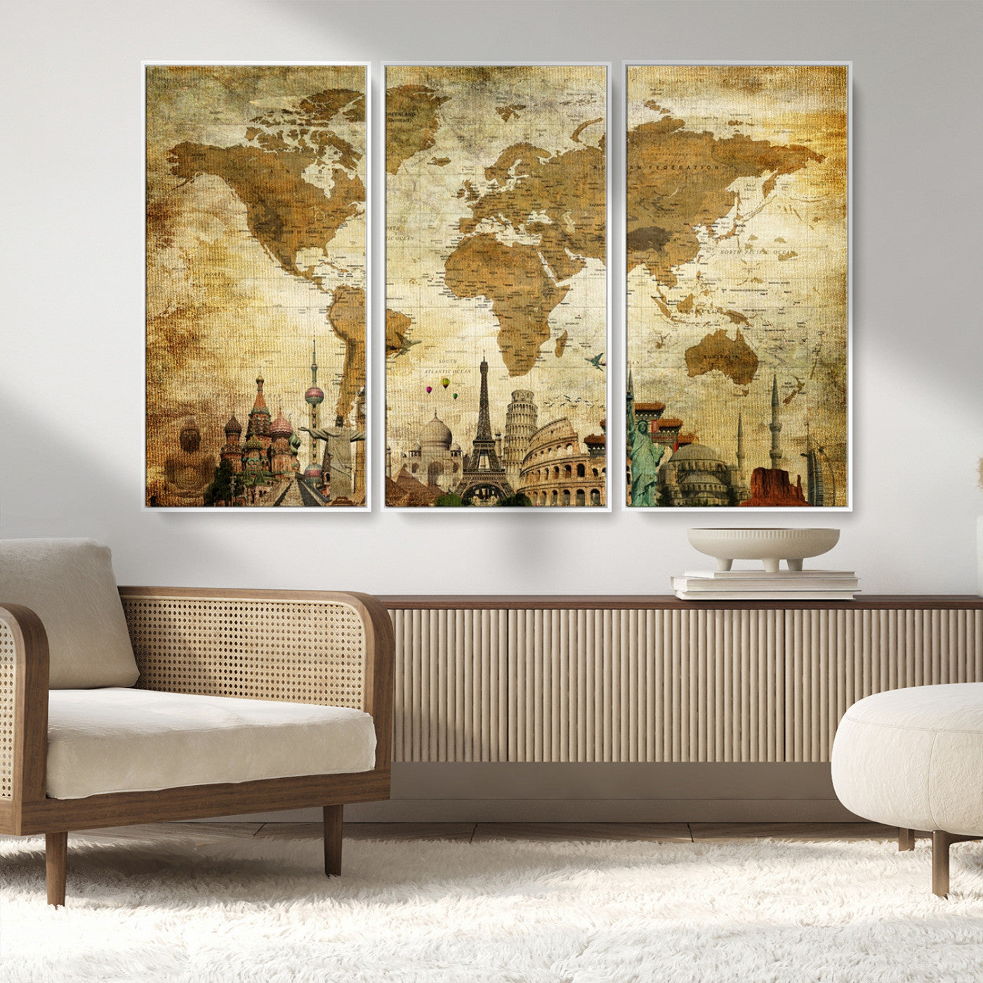 97849-MGV-FC-48X32-3P_White-Vintage World Map Canvas Wall Art – Framed Push Pin Travel Map with Famous Landmarks, Rustic Home and Office Decor Artwork for Travelers