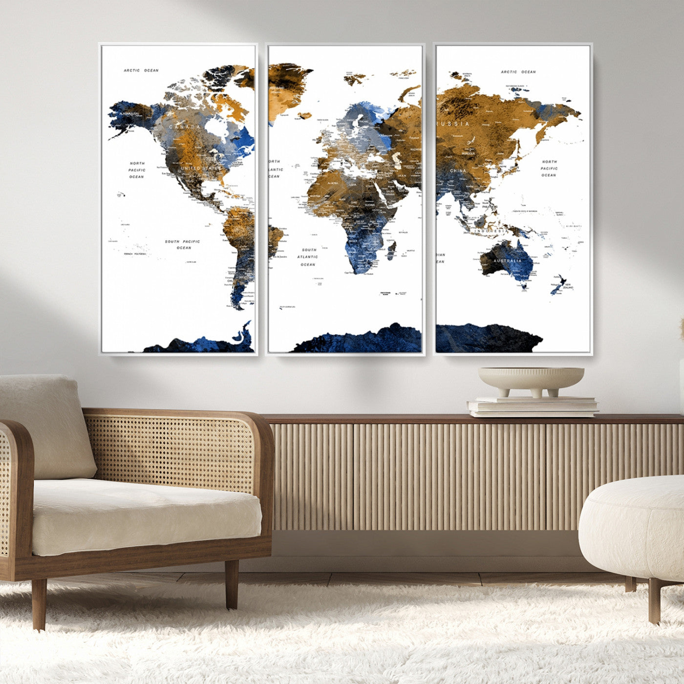 56231-MGV-CV-36X24-Navy and Gold World Map Canvas Wall Art – Framed Modern World Map Print, Elegant Travel Inspired Artwork for Home and Office Decor