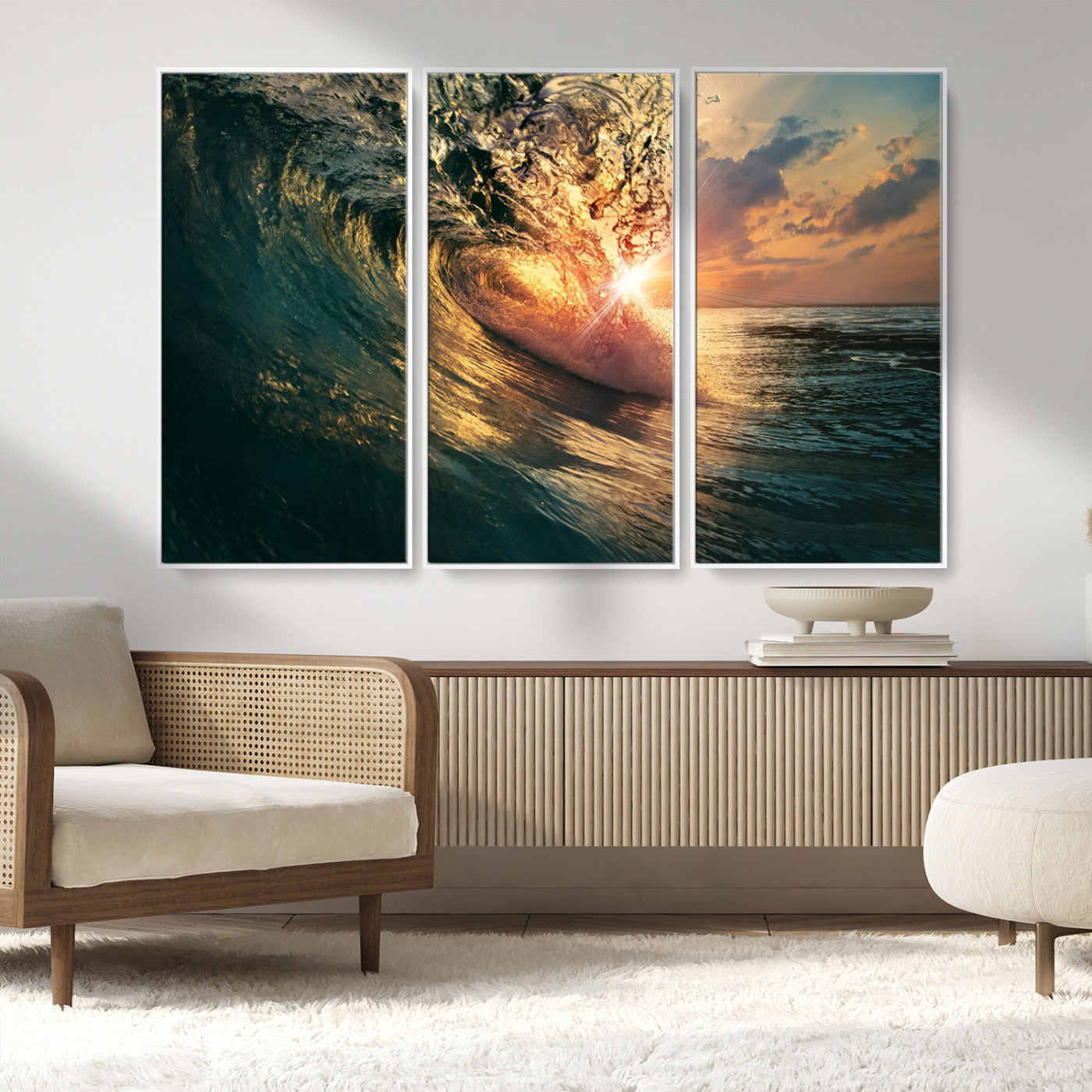 -Ocean Wave Sunset Canvas Wall Art – Triptych Seascape Print – Framed and Ready to Hang for Living