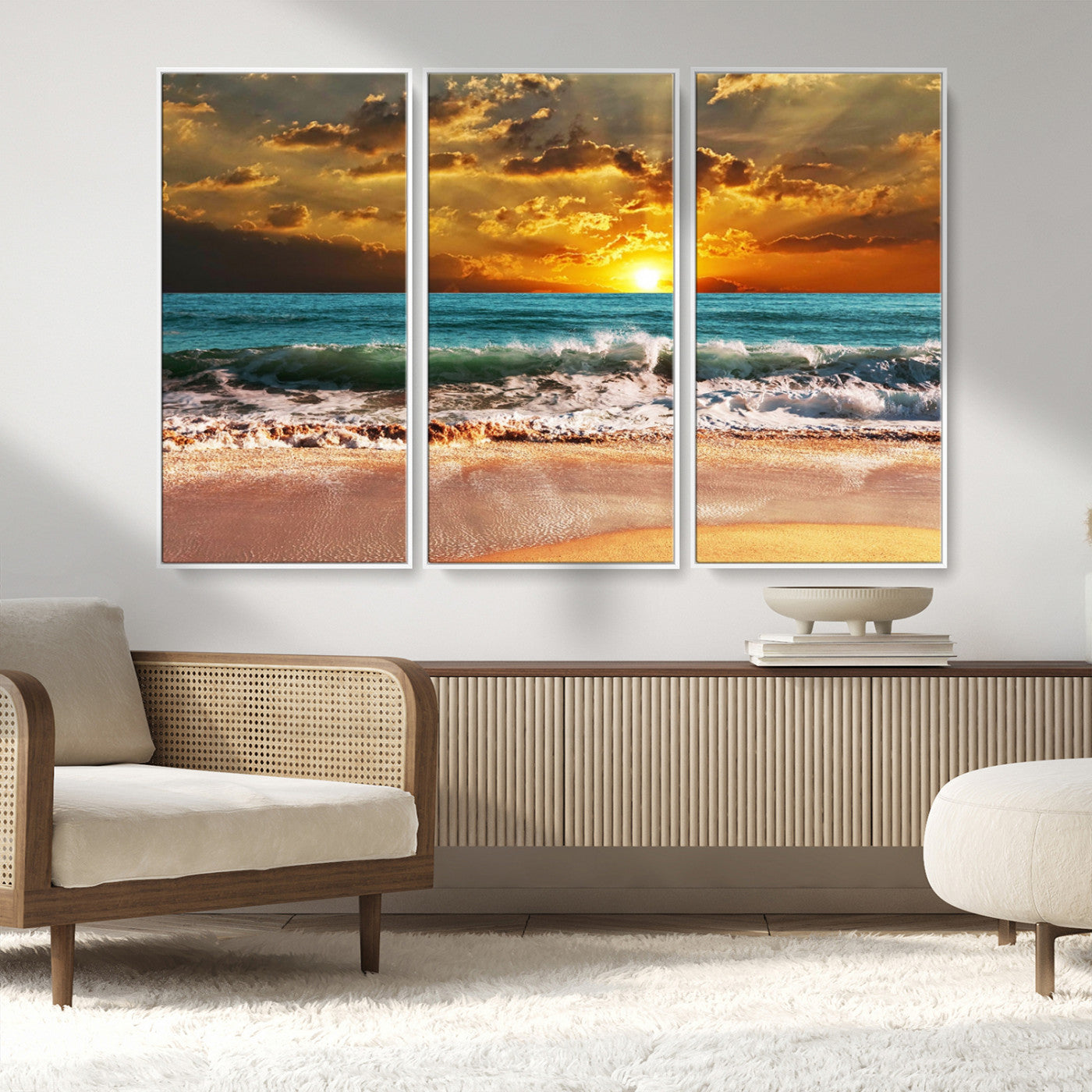 -Golden Sunset Beach Canvas Wall Art – Triptych Seascape Print – Framed and Ready to Hang for Living