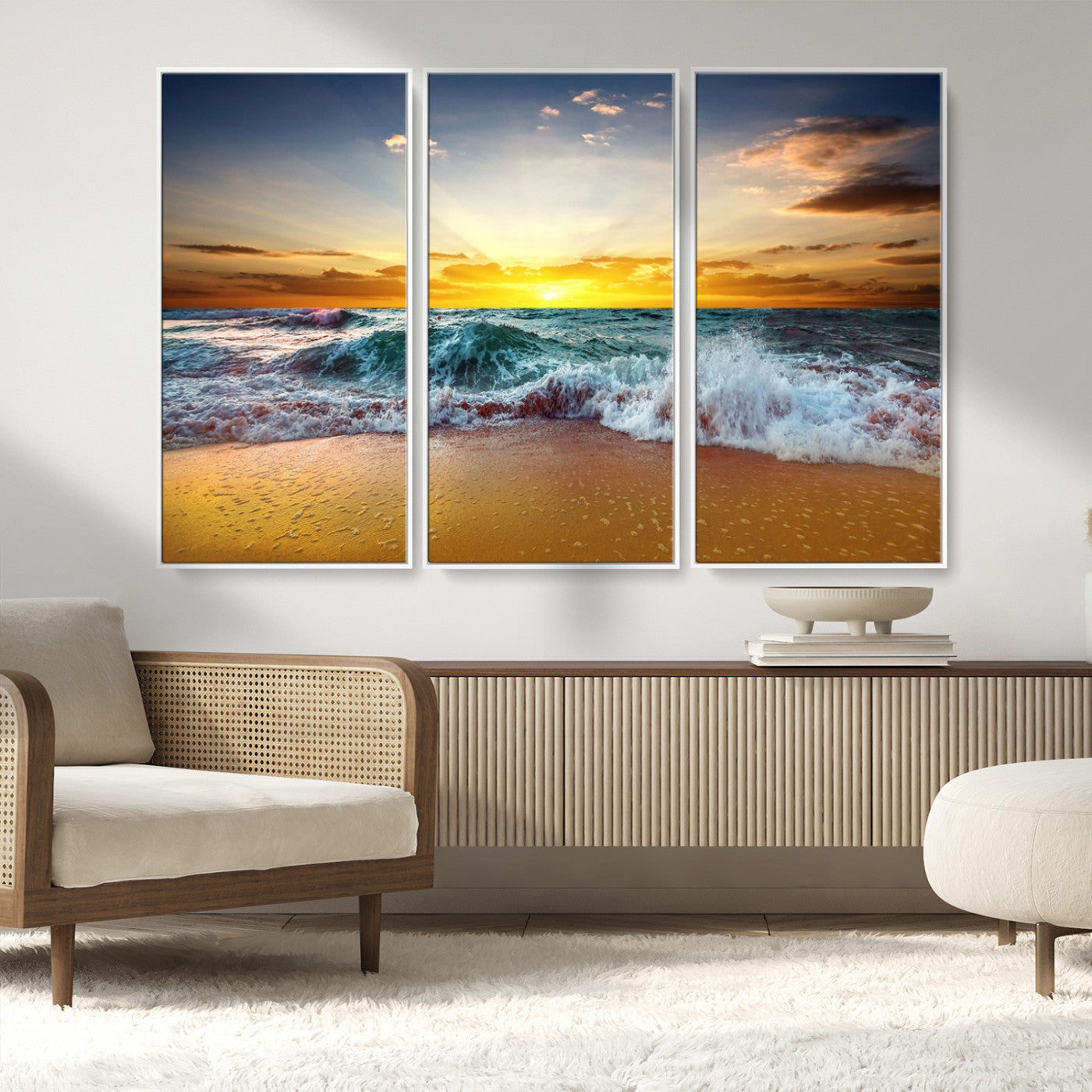 73401-MGV-FC-48X32-3P_White-Golden Sunset Ocean Waves Wall Art Canvas Print – Multi Panel Beach Canvas Print Set – Large Coastal