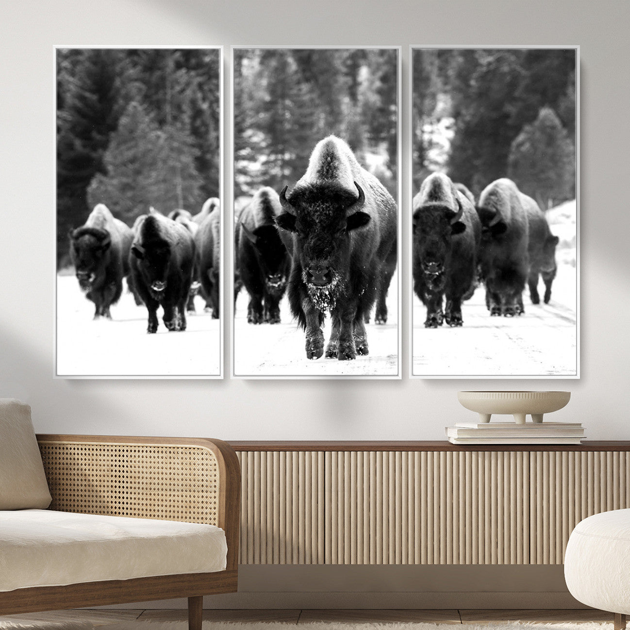 62434-MGV-CV-36X24 - Bison Herd in Snow Wall Art Canvas Print | Rustic Western Bison Wall Art for Decor for Living Room,