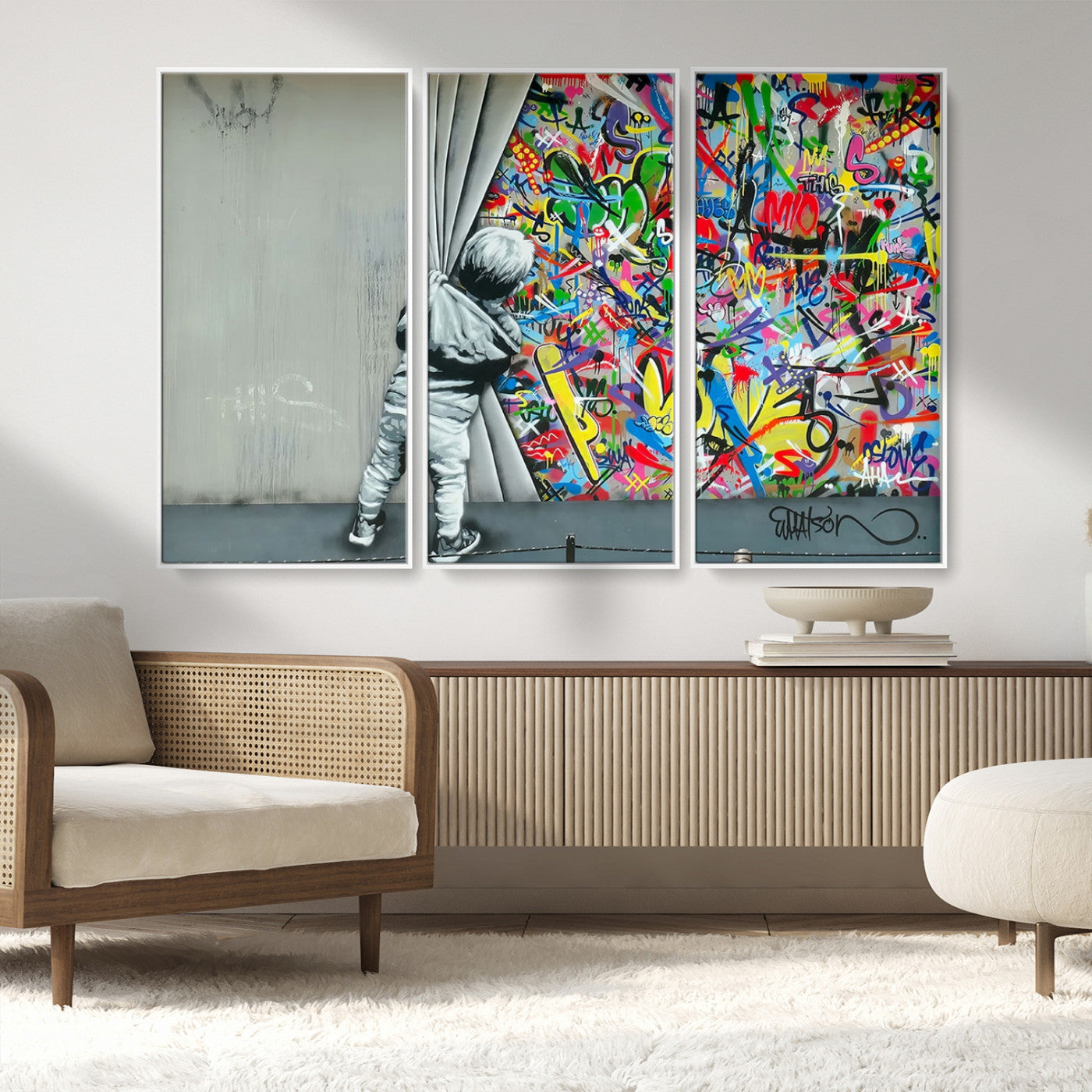 51713-MGV-CV-36X24-Banksy Colorful Street Graffiti Canvas Wall Art Print, Modern Art Triptych, Child and Graffiti Wall,