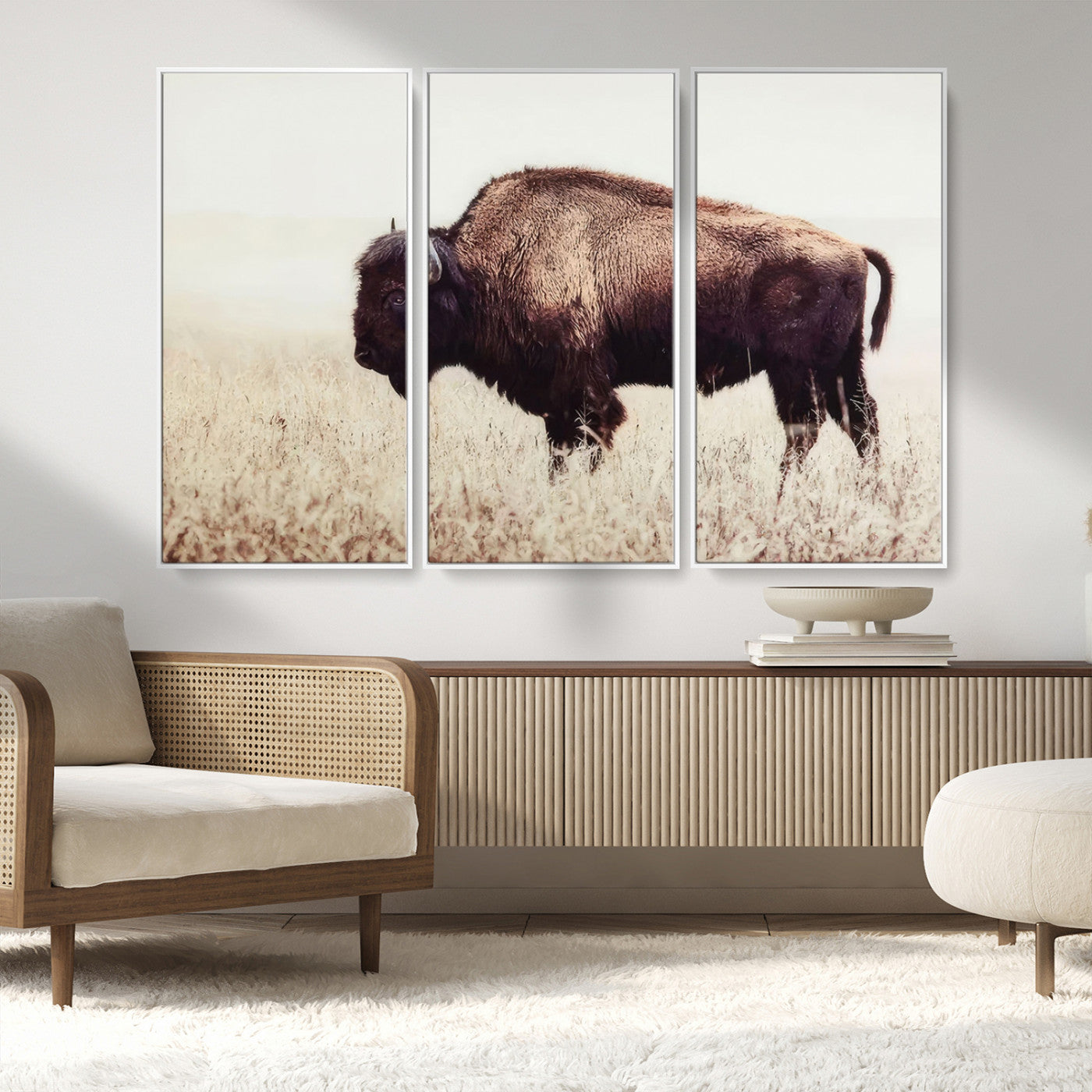 -Bison in Field Wall Art Canvas Print For Farmhouse Barn Decor