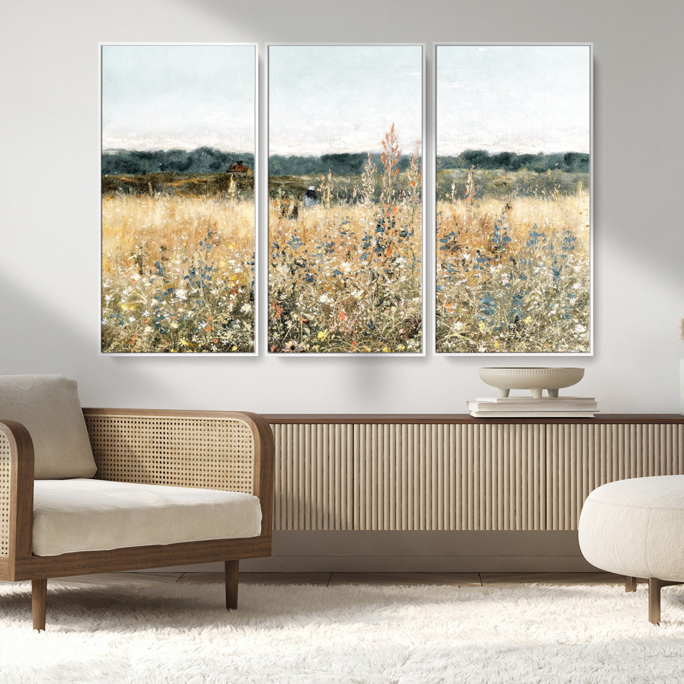 98941-MGV-FC-48X32-3P_White-Wildflower Field Wall Art Canvas | Nature-Inspired Landscape Canvas Print for Living Room or Office