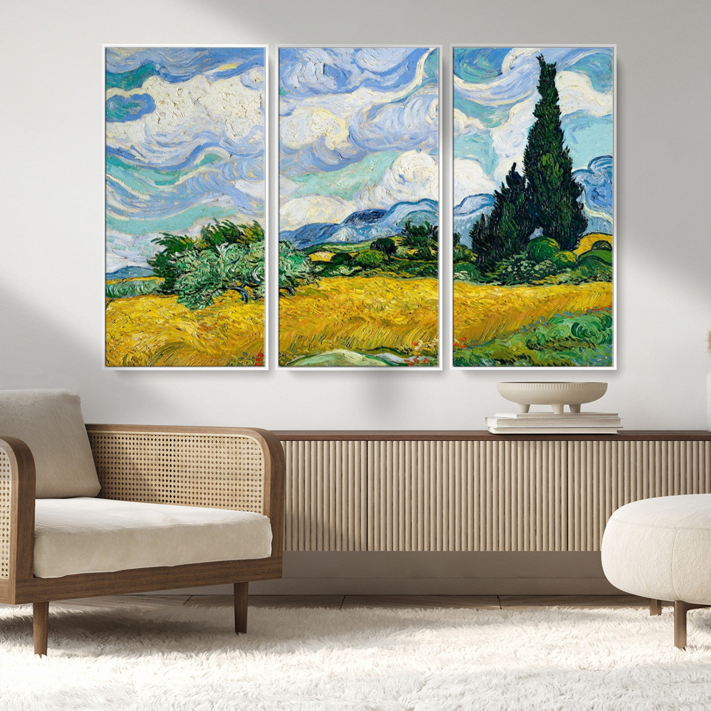 97252-MGV-FC-48X32-3P_White-Wheatfield With Cypresses By Van Gogh Painting Wall Art Canvas, Wheatfield With Cypresses Canvas