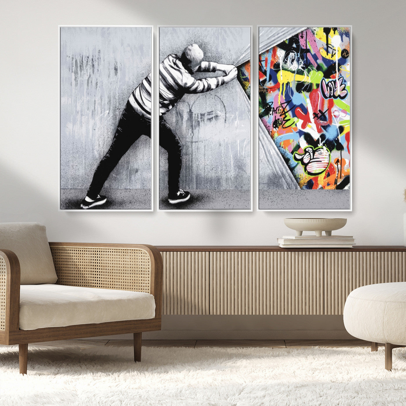 52252-MGV-CV-36X24-Banksy Art Behind the Curtain Street Wall Art Canvas Print | 3-Panel Urban Graffiti-Inspired Wall
